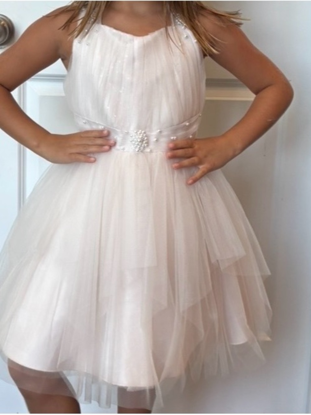 Girls White Layered Tulle Party Dress with Beaded Waist